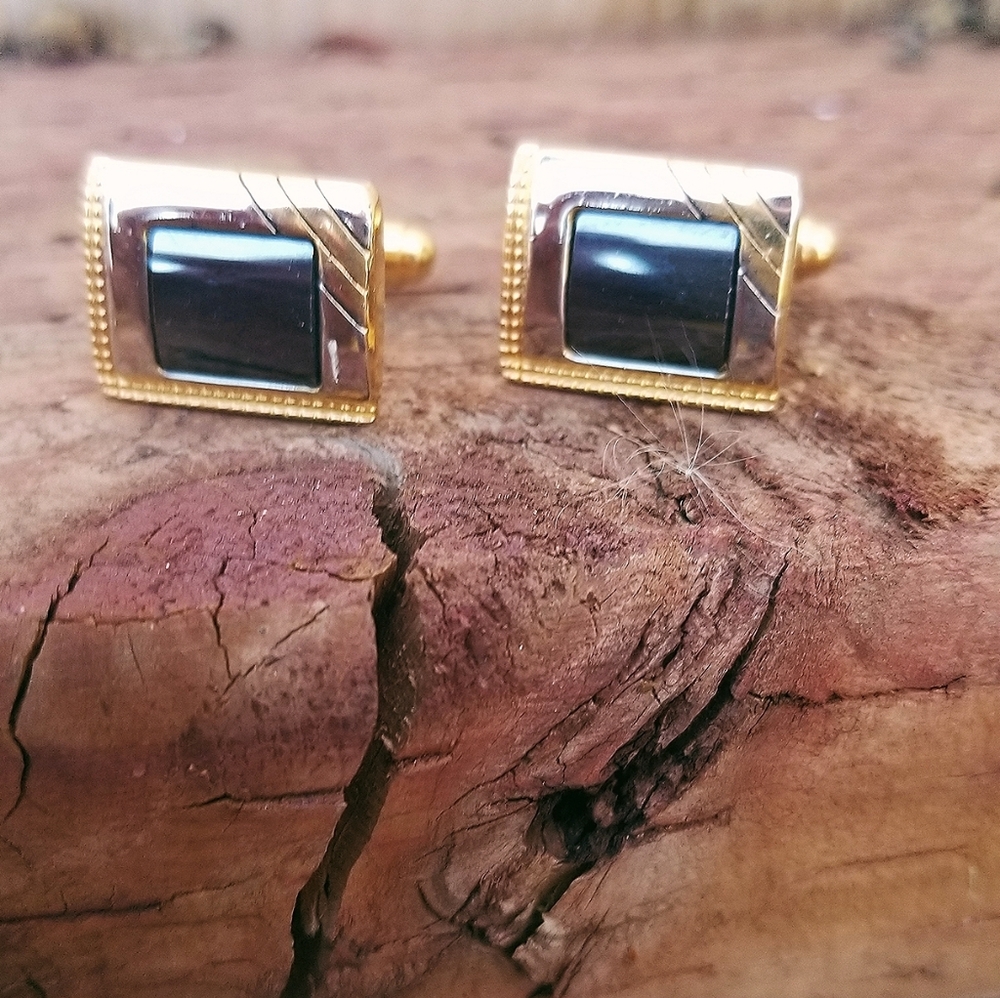 Vintage Hematite Silver-Gold Toned Metal Cufflinks